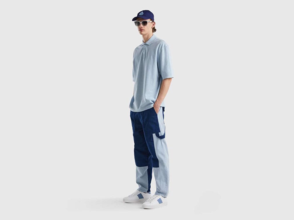 Benetton Erkek İndigo Renk Bloklu Denim Pantolon