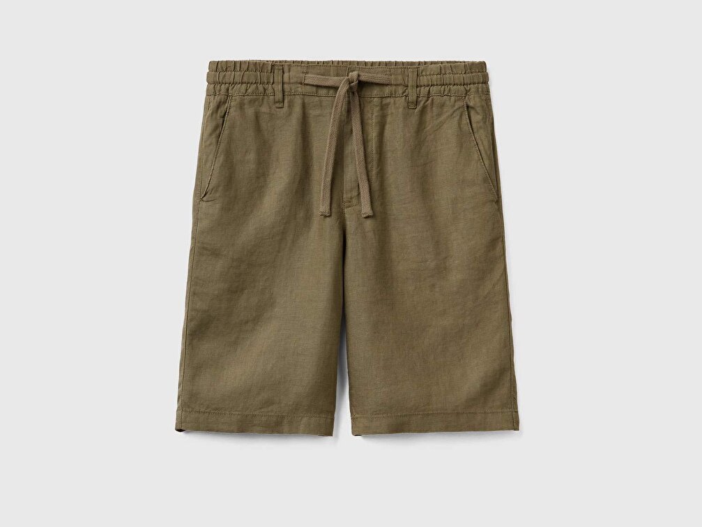Benetton Erkek Haki Bağcıklı Keten Bermuda