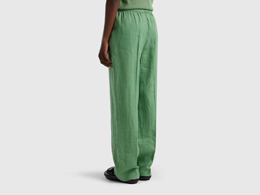 Benetton Kadın Kuşkonmaz Rengi %100 Keten Beli Lastikli Rahat Kalıp Pantolon