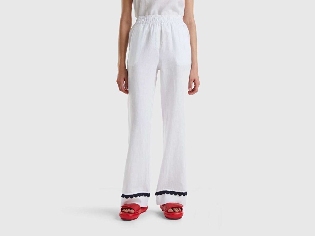 Benetton Kadın Beyaz %100 Keten Dantel Detaylı Beli Lastikli Pantolon