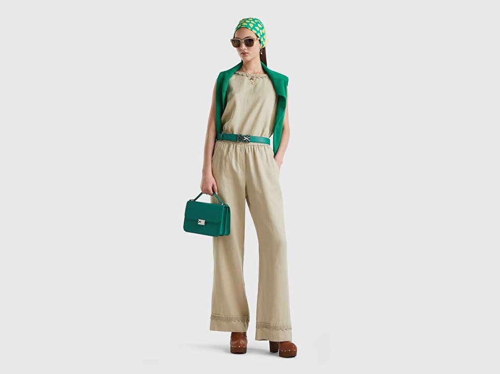Benetton Kadın Ekru %100 Keten Dantel Detaylı Beli Lastikli Pantolon