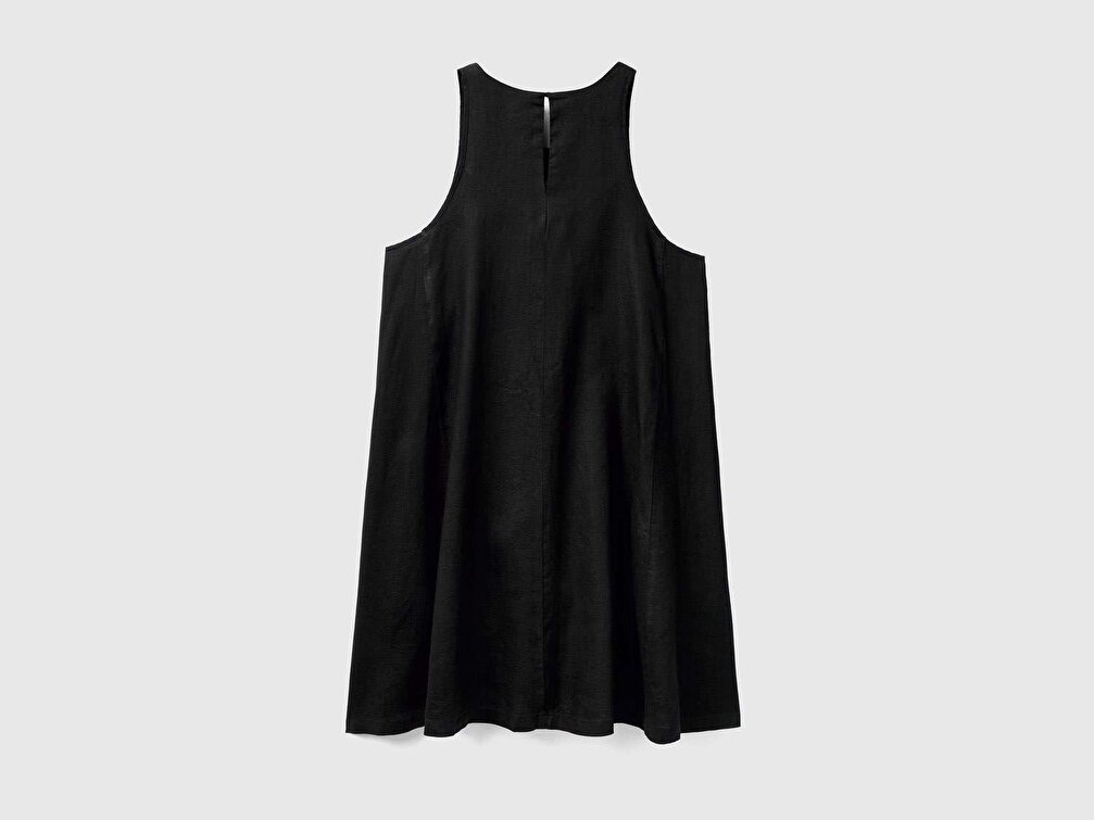Benetton Kadın Siyah %100 Keten Kolsuz Elbise