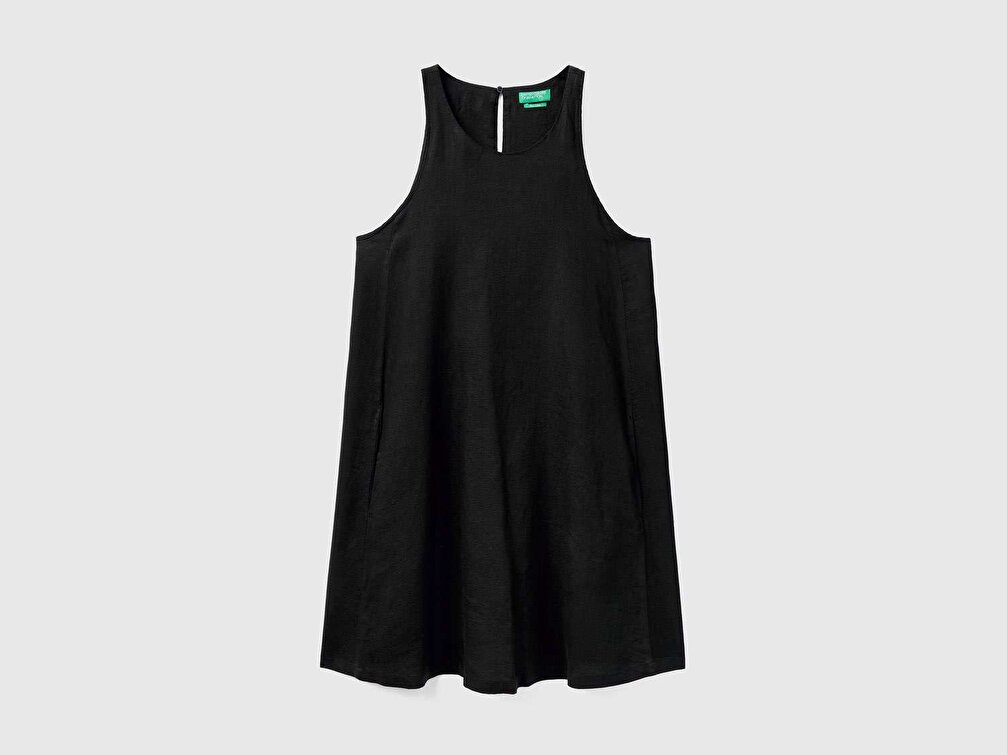 Benetton Kadın Siyah %100 Keten Kolsuz Elbise