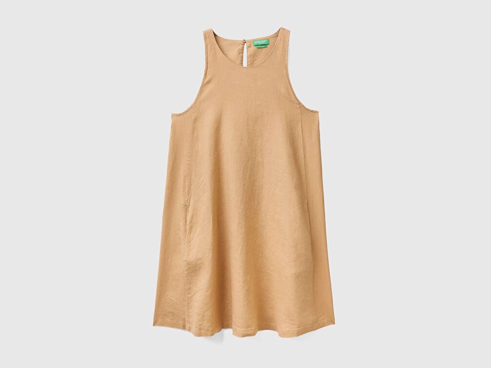 Benetton Kadın Taba %100 Keten Kolsuz Elbise