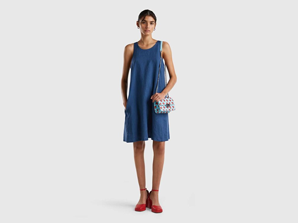 Benetton Kadın Denim %100 Keten Kolsuz Elbise