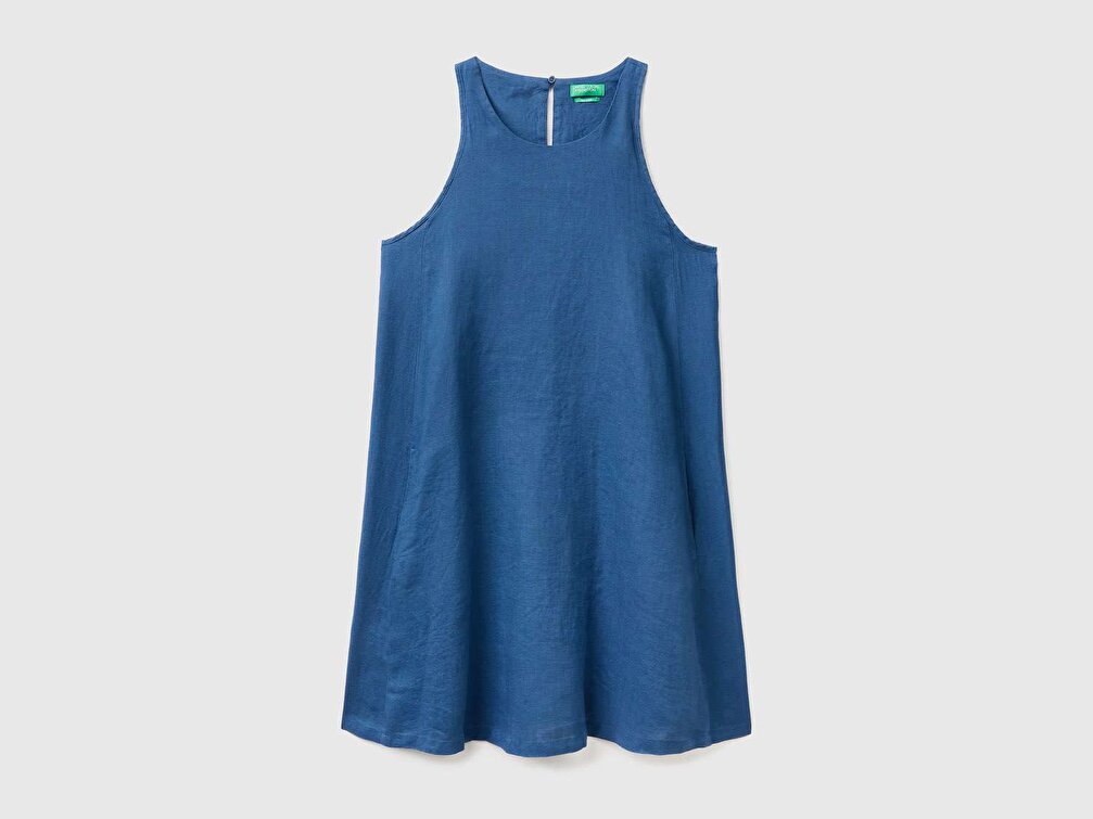Benetton Kadın Denim %100 Keten Kolsuz Elbise
