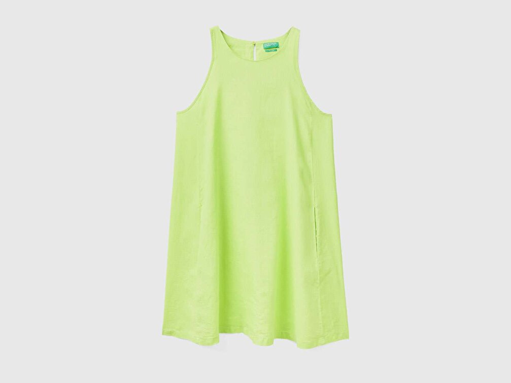 Benetton Kadın Lime Rengi %100 Keten Kolsuz Elbise