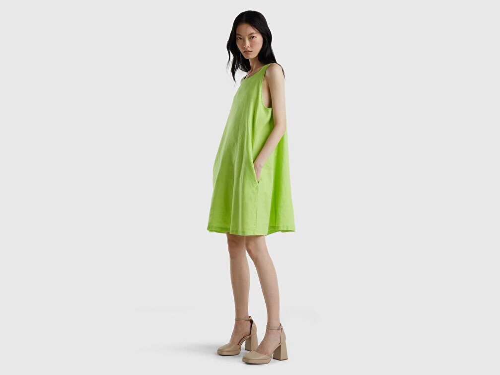 Benetton Kadın Lime Rengi %100 Keten Kolsuz Elbise