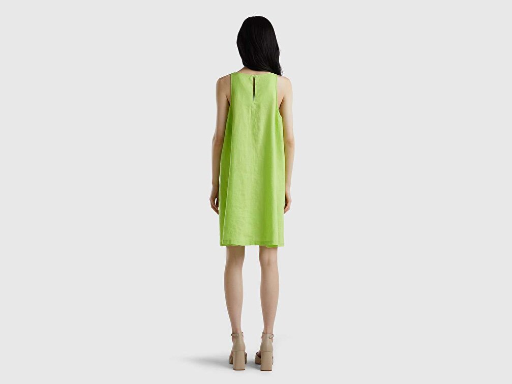 Benetton Kadın Lime Rengi %100 Keten Kolsuz Elbise