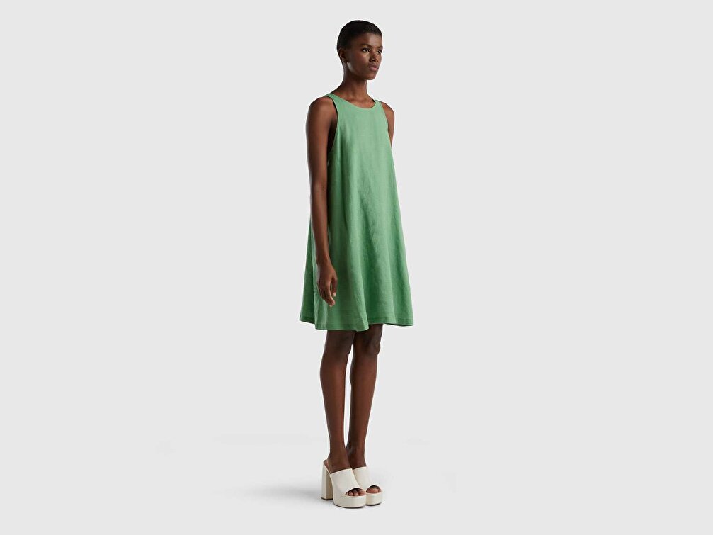 Benetton Kadın Kuşkonmaz Rengi %100 Keten Kolsuz Elbise