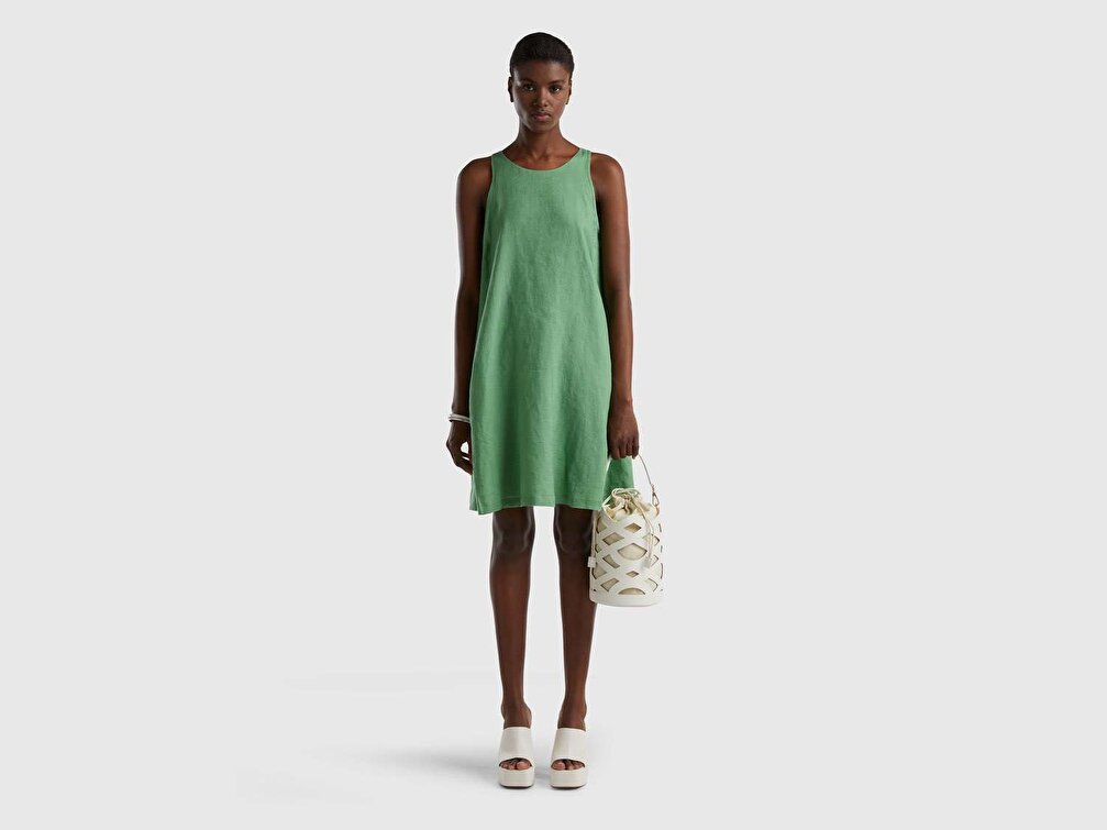 Benetton Kadın Kuşkonmaz Rengi %100 Keten Kolsuz Elbise