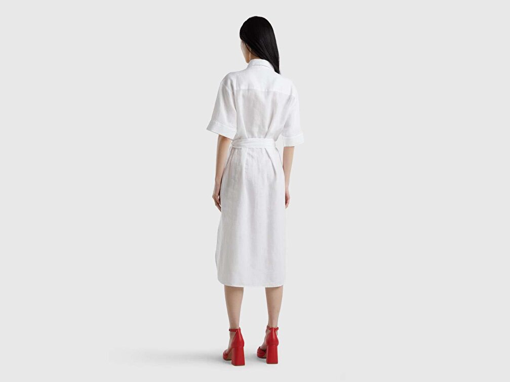 Benetton Kadın Beyaz %100 Keten Gömlek Yaka Kemerli Elbise