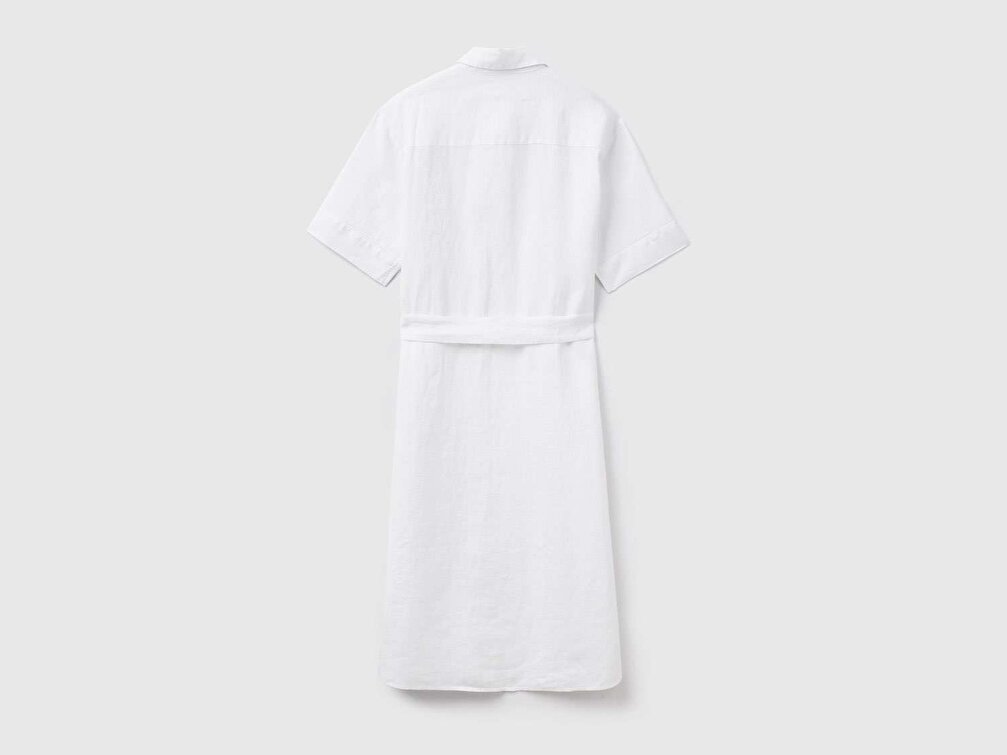 Benetton Kadın Beyaz %100 Keten Gömlek Yaka Kemerli Elbise