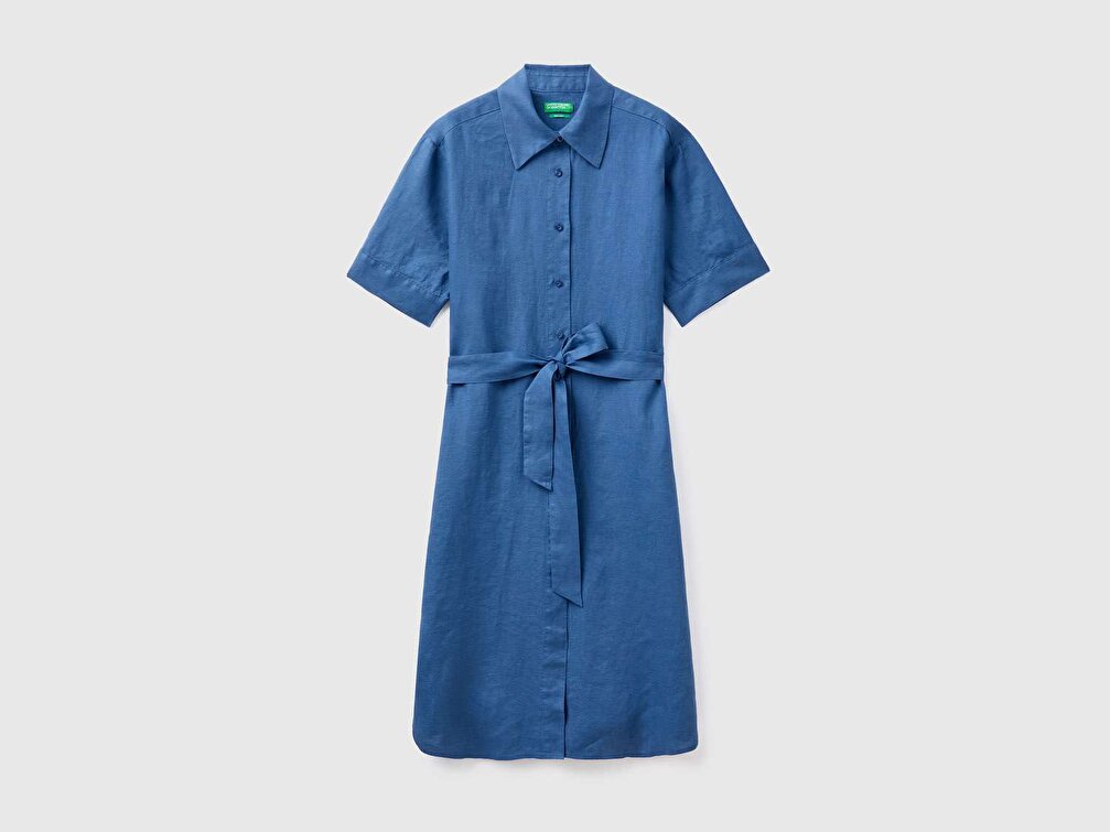 Benetton Kadın Denim %100 Keten Gömlek Yaka Kemerli Elbise