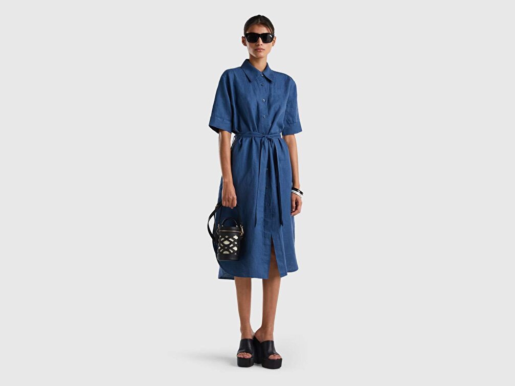 Benetton Kadın Denim %100 Keten Gömlek Yaka Kemerli Elbise