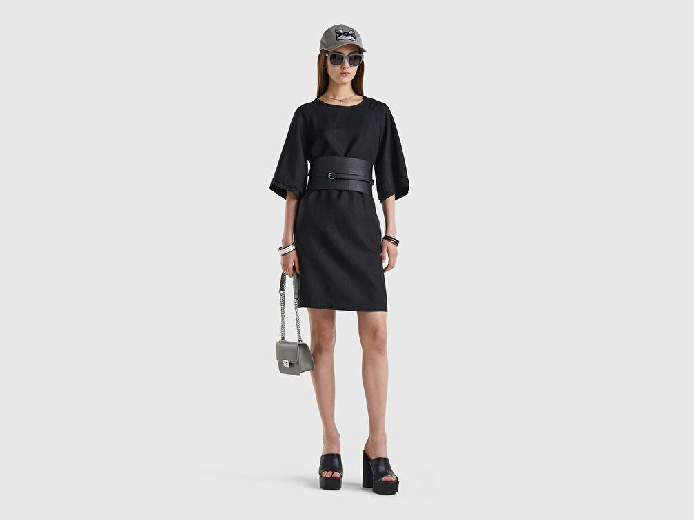 Benetton Kadın Siyah %100 Keten Raglan Kol Regular Fit Elbise