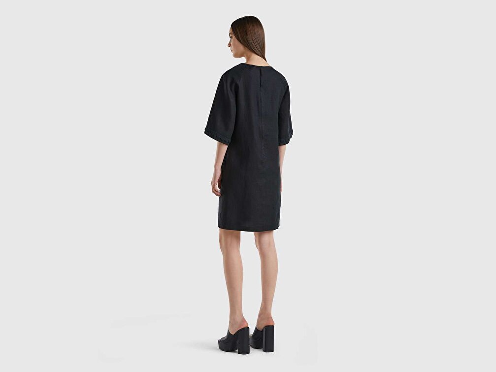 Benetton Kadın Siyah %100 Keten Raglan Kol Regular Fit Elbise