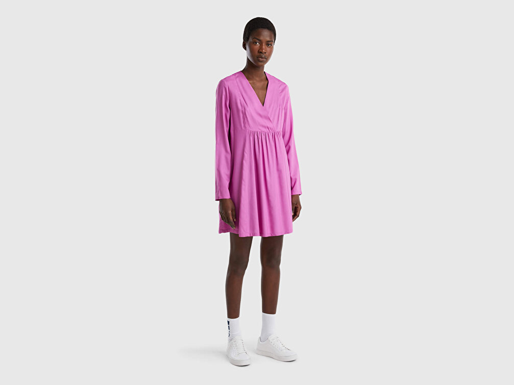 Benetton Kadın Lila %100 Viskoz V Yaka Uzun Kollu Mini Elbise