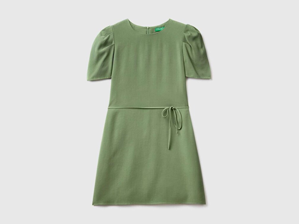 Benetton Kadın Kuşkonmaz Rengi Viskoz Karışımlı Omzu Pileli Kısa Kollu Mini Elbise