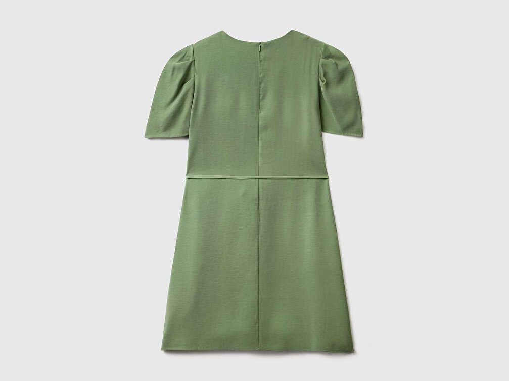 Benetton Kadın Kuşkonmaz Rengi Viskoz Karışımlı Omzu Pileli Kısa Kollu Mini Elbise