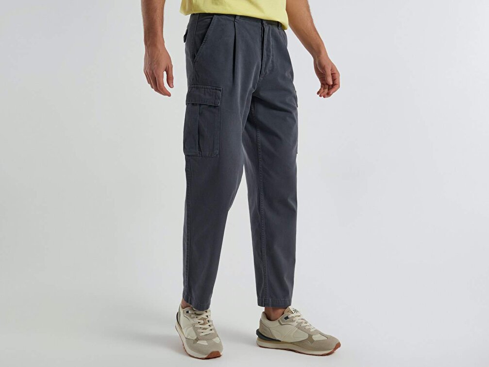 Benetton Erkek Antrasit %100 Koton Kargo Pantolon