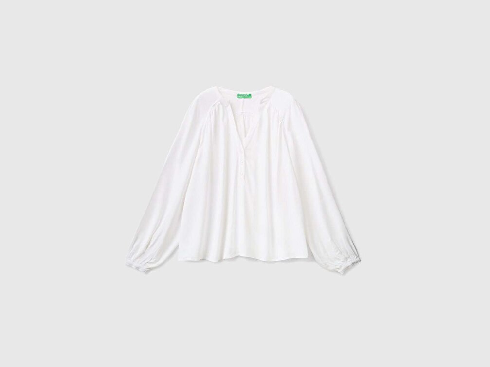 Benetton Kadın Beyaz Flared Fit Raglan Kollu Gömlek