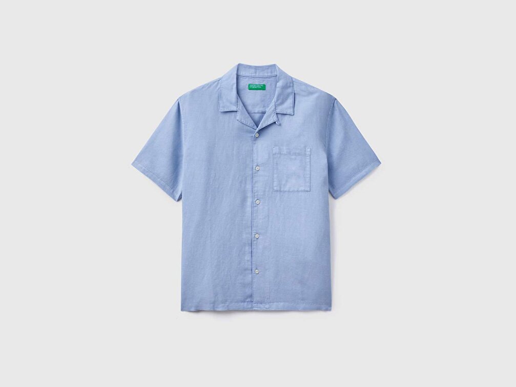 Benetton Erkek Mavi Keten Karışımlı Kısa Kollu Gömlek