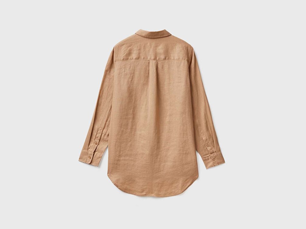 Benetton Kadın Taba %100 Keten Gömlek