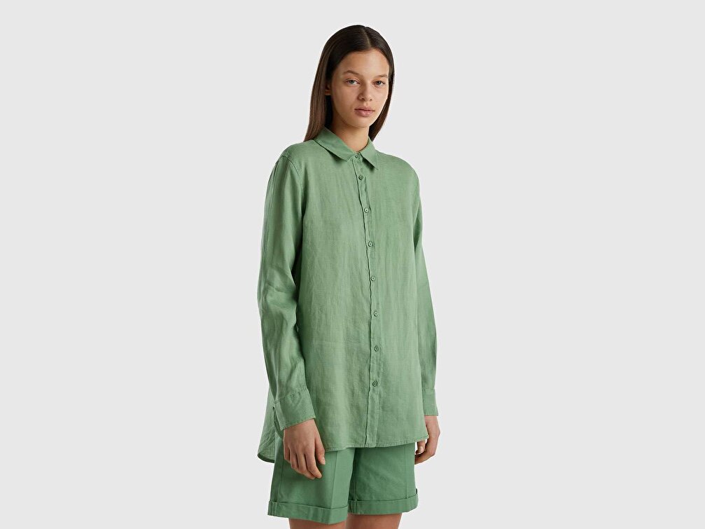 Benetton Kadın Kuşkonmaz Rengi %100 Keten Gömlek