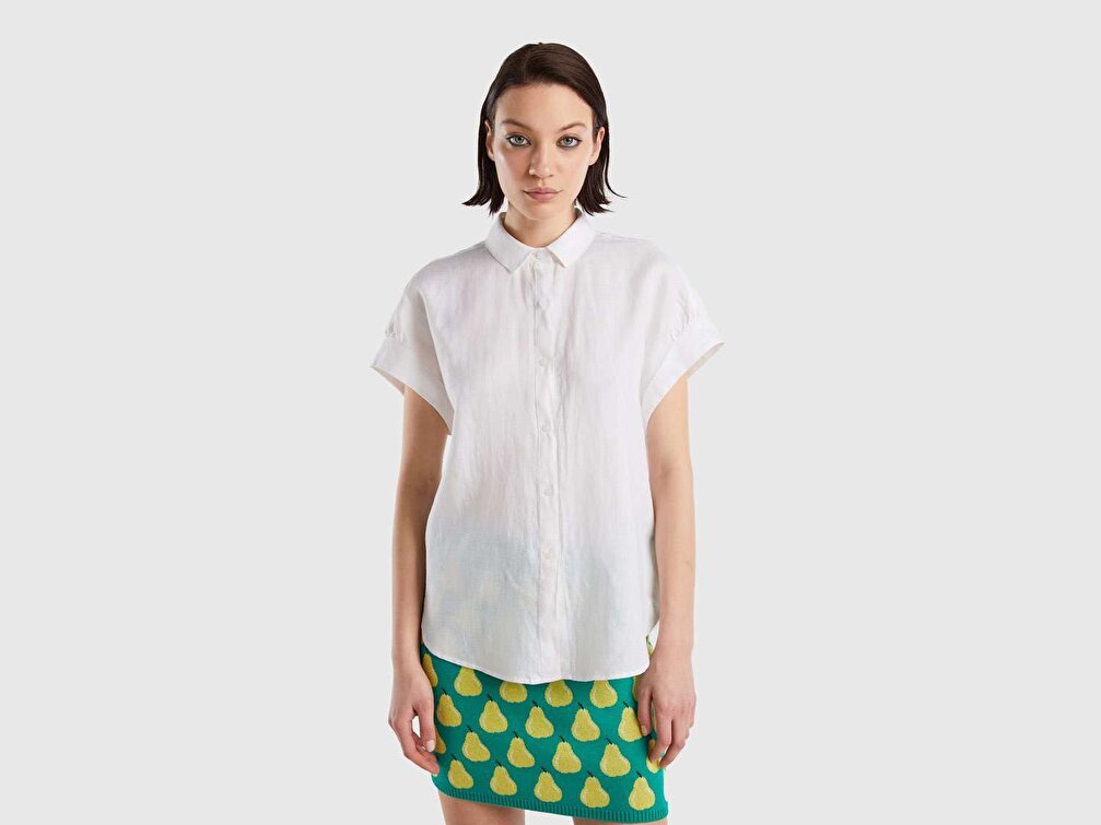 Benetton Kadın Beyaz %100 Keten Kimono Kollu Gömlek
