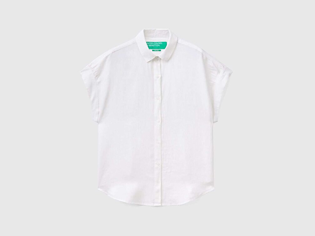 Benetton Kadın Beyaz %100 Keten Kimono Kollu Gömlek