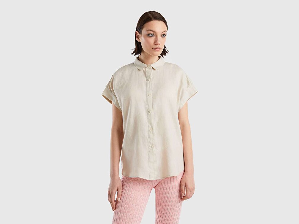Benetton Kadın Bej %100 Keten Kimono Kollu Gömlek