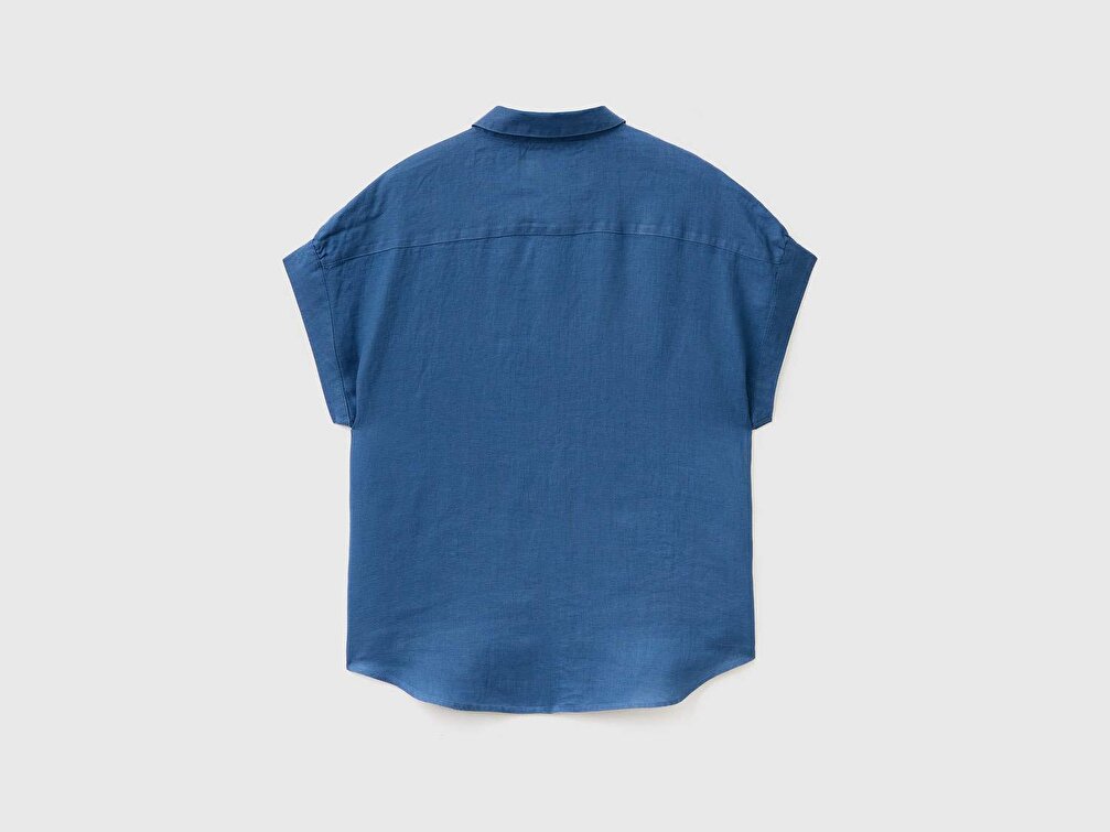 Benetton Kadın Denim %100 Keten Kimono Kollu Gömlek