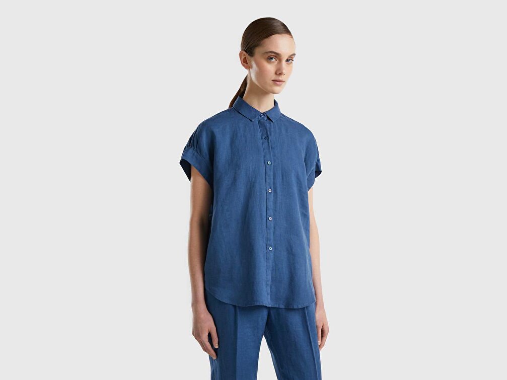 Benetton Kadın Denim %100 Keten Kimono Kollu Gömlek
