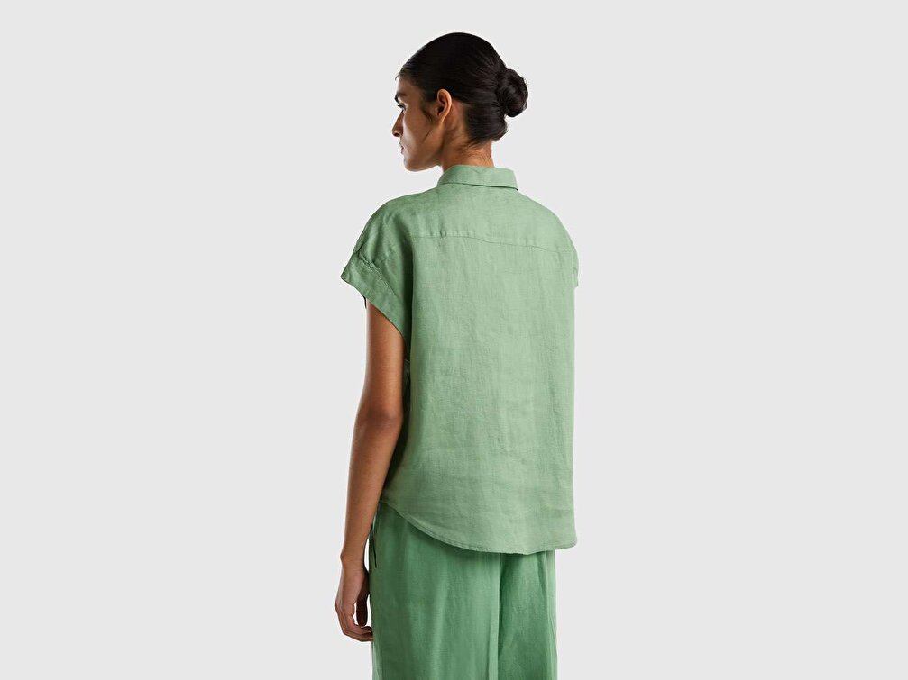 Benetton Kadın Kuşkonmaz Rengi %100 Keten Kimono Kollu Gömlek