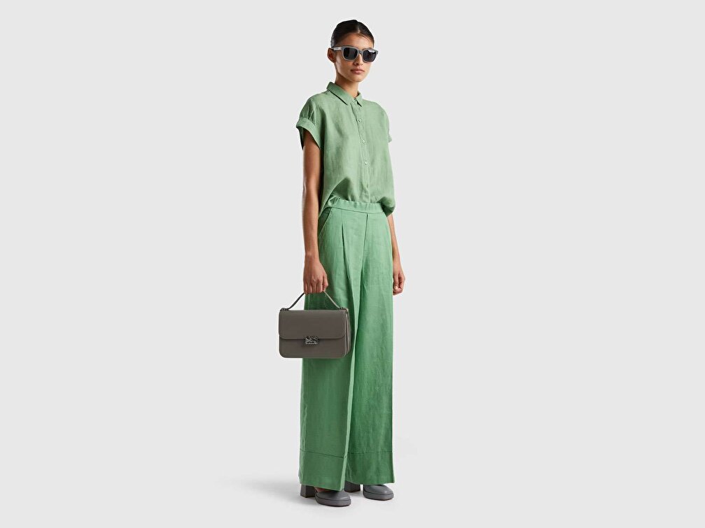 Benetton Kadın Kuşkonmaz Rengi %100 Keten Kimono Kollu Gömlek