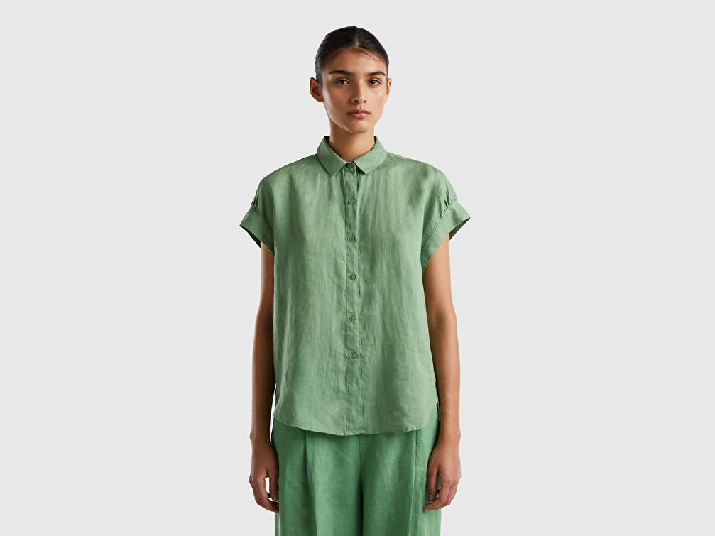 Benetton Kadın Kuşkonmaz Rengi %100 Keten Kimono Kollu Gömlek