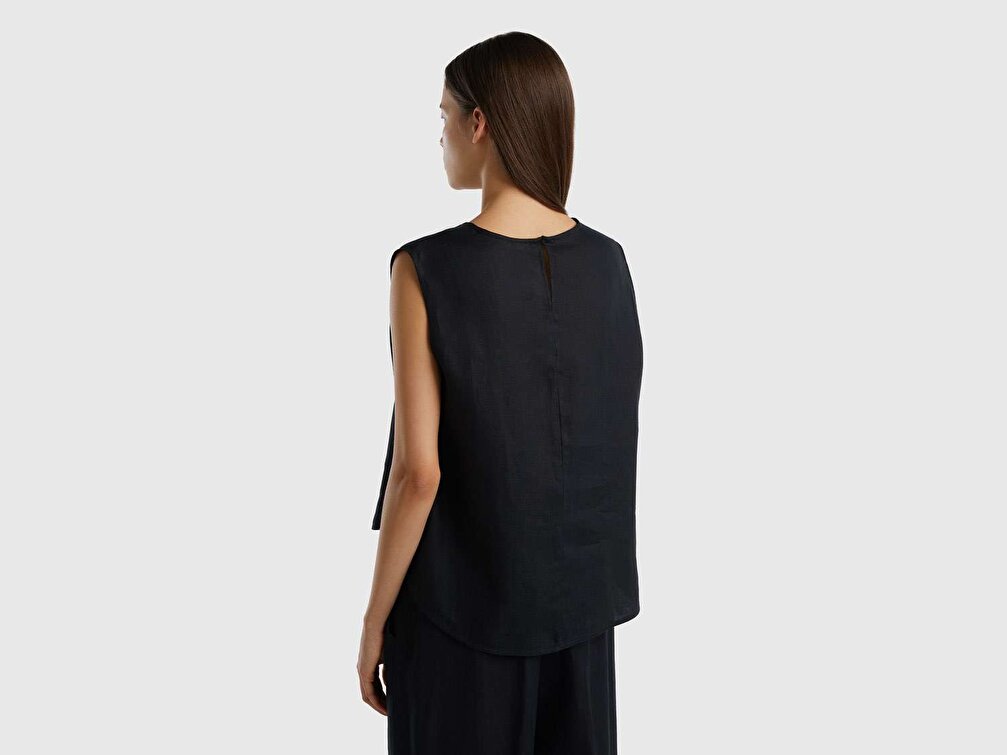 Benetton Kadın Siyah %100 Keten Kimono Kolsuz Bluz