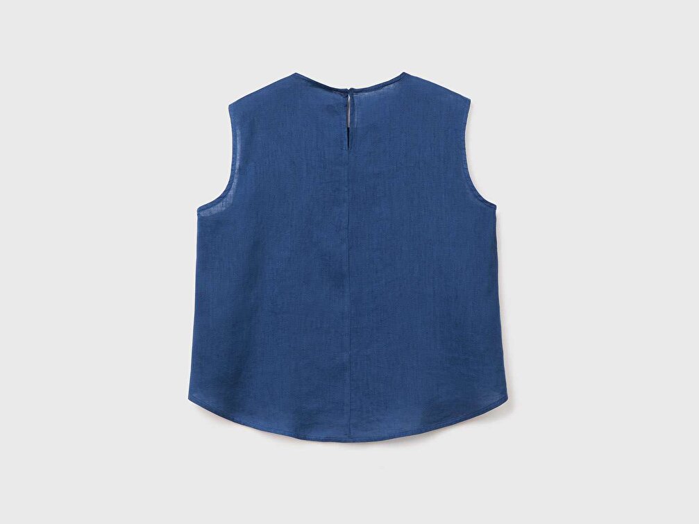 Benetton Kadın Denim %100 Keten Kimono Kolsuz Bluz