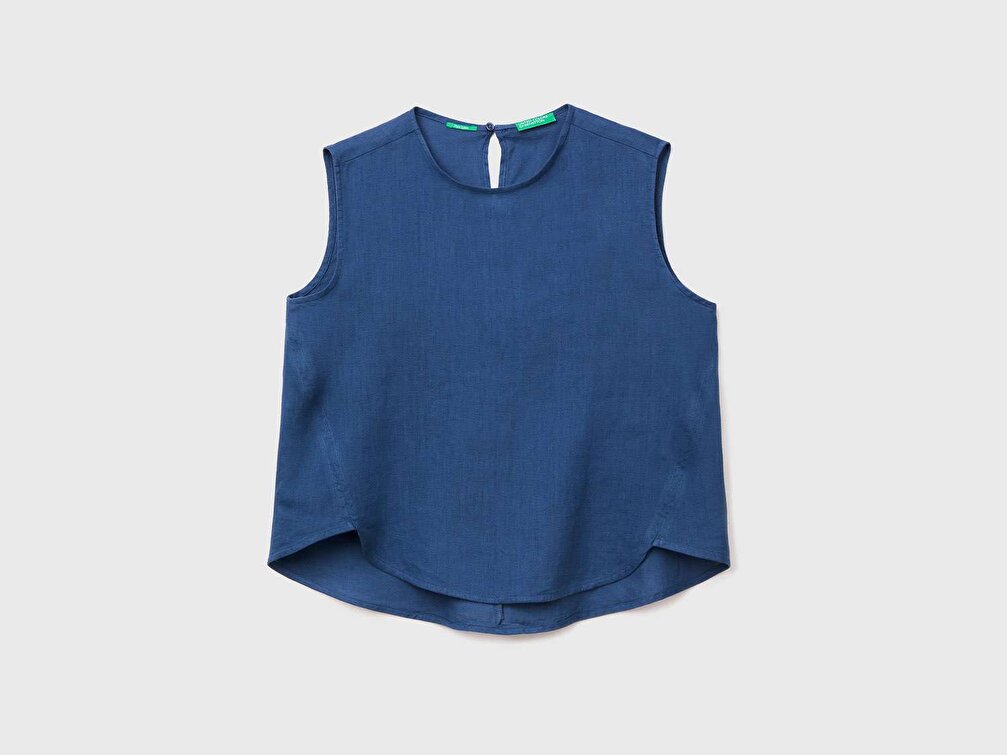 Benetton Kadın Denim %100 Keten Kimono Kolsuz Bluz
