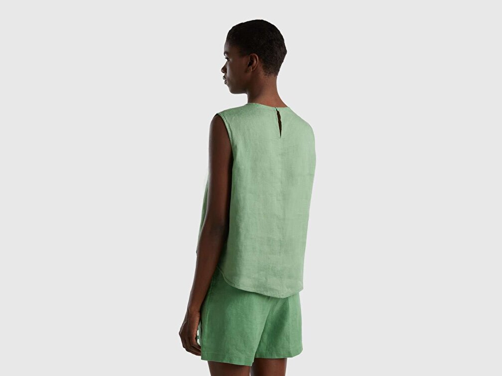Benetton Kadın Kuşkonmaz Rengi %100 Keten Kimono Kolsuz Bluz