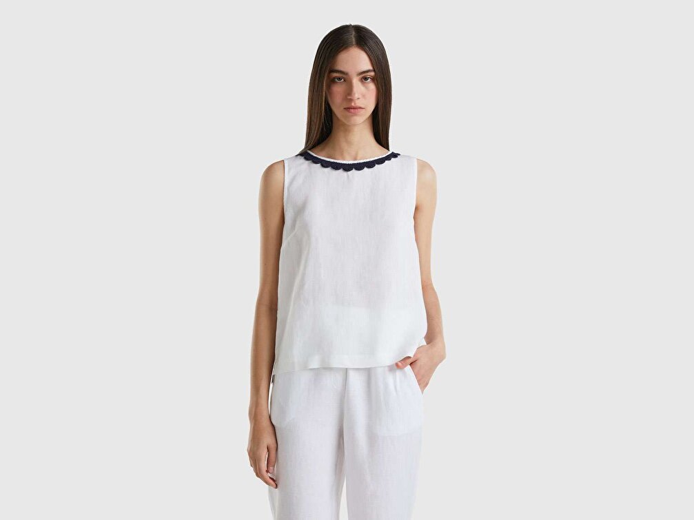 Benetton Kadın Beyaz %100 Keten  Yakası Dantelli Kolsuz Bluz