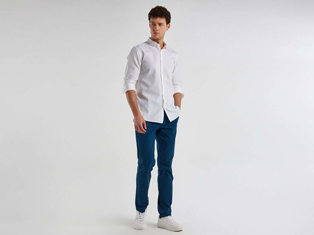Benetton Erkek Beyaz Liyosel Karışımlı Slim Fit Gömlek