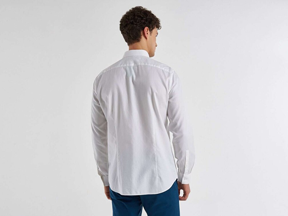 Benetton Erkek Beyaz Liyosel Karışımlı Slim Fit Gömlek