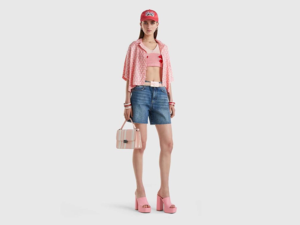 Benetton Kadın Pembe %100 Viskoz Boxy Fit Desenli Gömlek