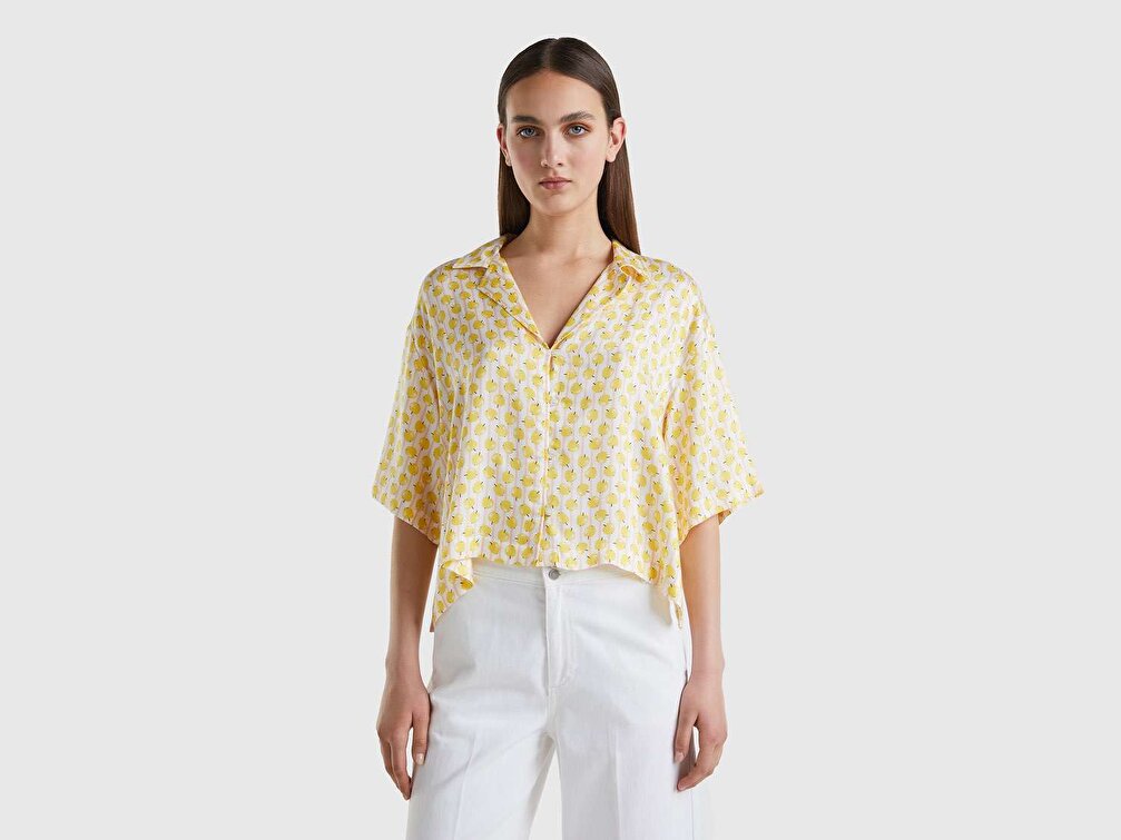 Benetton Kadın Sarı-Beyaz Mix %100 Viskoz Boxy Fit Desenli Gömlek