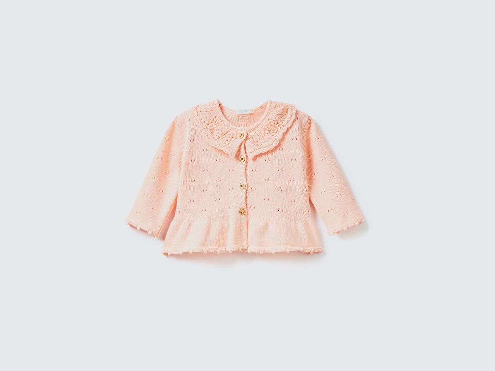 Benetton Bebek Açık Pembe Yakası Fırfırlı Triko Hırka