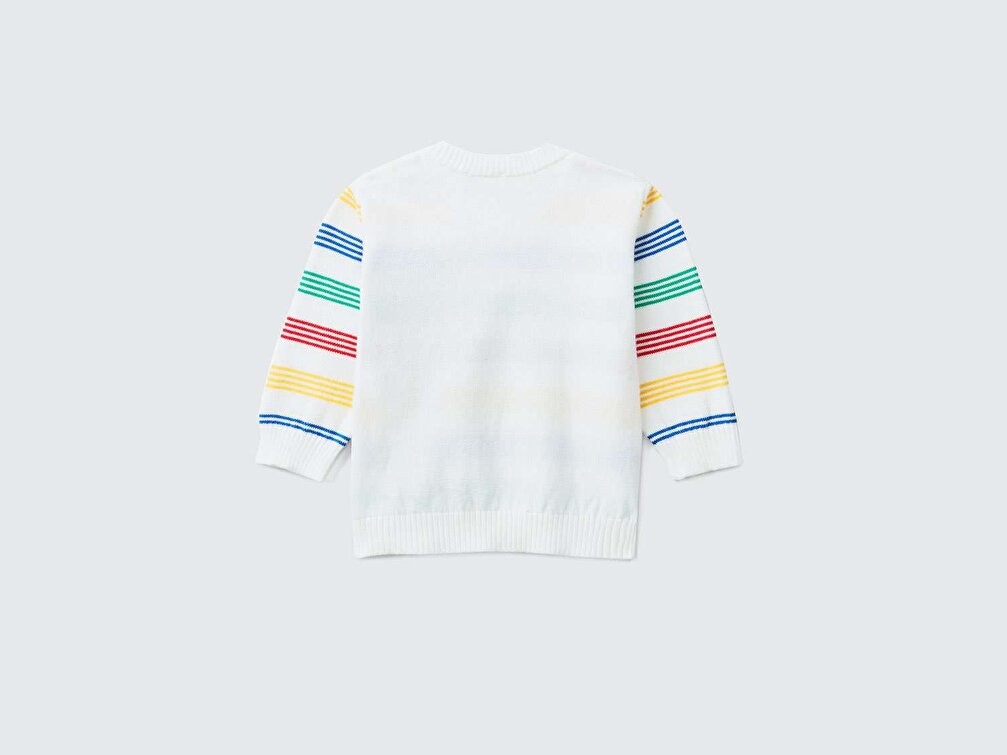 Benetton Bebek Beyaz Mix Bisiklet Yaka Renkli Çizgili Triko Kazak