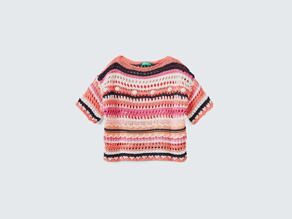 Benetton Kız Çocuk Pembe Mix Tığ İşi Crop Triko Kazak