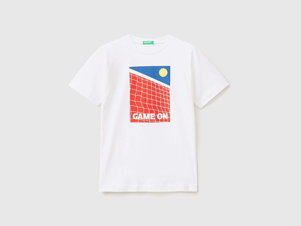 Benetton Erkek Çocuk Beyaz Tenis Kortu Baskılı T-Shirt